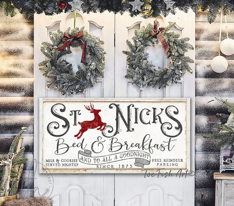 Rustic Christmas Sign Bed & Breakfast Sign Modern Farmhouse Wall Decor Vintage Holiday Wall Art Porch Sign St Nick's Canvas or Outdoor Metal afbeelding 3