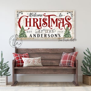 Christmas Decor Sign Personalized Custom Family Name Sign Modern Farmhouse Wall Decor Welcome Home Holiday Art Canvas or Outdoor Metal Print image 4
