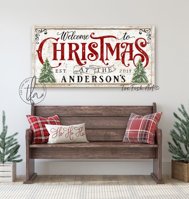 Christmas Decor Sign Personalized Custom Family Name Sign Modern Farmhouse Wall Decor Welcome Home Holiday Art Canvas or Outdoor Metal Print image 4