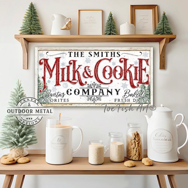 Milk & Cookie Company Sign Personalized Rustic Christmas Wall Decor Vintage Holiday Wall Art Santa North Pole Canvas or Outdoor Metal Print