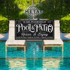 METAL SIGN Personalized Pool & Patio Sign Backyard Bar and Grill Pool Deck Custom Family Name Sign Modern Farmhouse Wall Art Rustic Print Vint BLK WHITE-Pic4