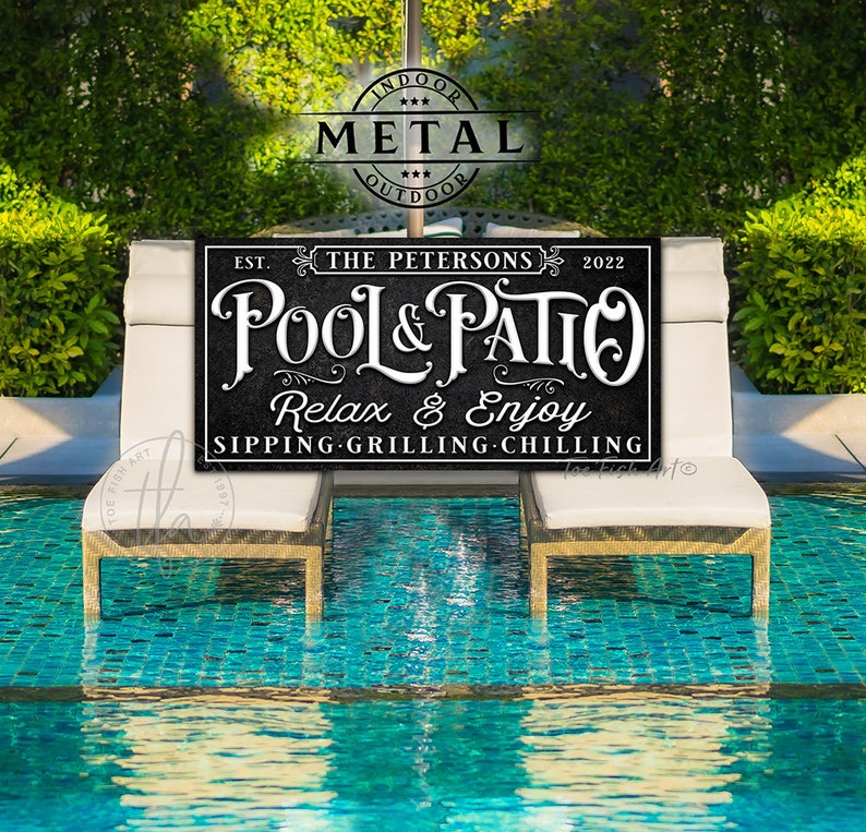METAL SIGN Personalized Pool & Patio Sign Backyard Bar and Grill Pool Deck Custom Family Name Sign Modern Farmhouse Wall Art Rustic Print Vint BLK WHITE-Pic4