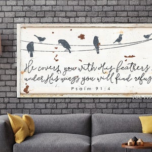 He Covers You With His Feathers Modern Farmhouse Decor Psalm 91:4 Christian Wall Art Rustic Farmhouse Distressed Scripture Canvas Print Art image 3