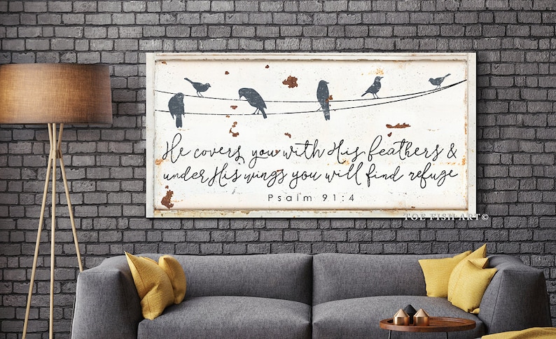 He Covers You With His Feathers Modern Farmhouse Decor Psalm 91:4 Christian Wall Art Rustic Farmhouse Distressed Scripture Canvas Print Art image 3