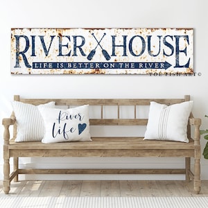 River House Sign Modern Farmhouse Wall Decor Large Rustic Wall Art Life is Better on the River Living Room Signs Summer Cottage Cabin Print