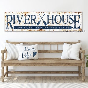 River House Sign Modern Farmhouse Wall Decor Large Rustic Wall Art Life is Better on the River Living Room Signs Summer Cottage Cabin Print