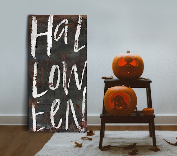Industrial Halloween Sign – Rustic Farmhouse Black & White Canvas Print, Creepy Vintage Fall Wall Art, Spooky Gothic Autumn Home Decoration