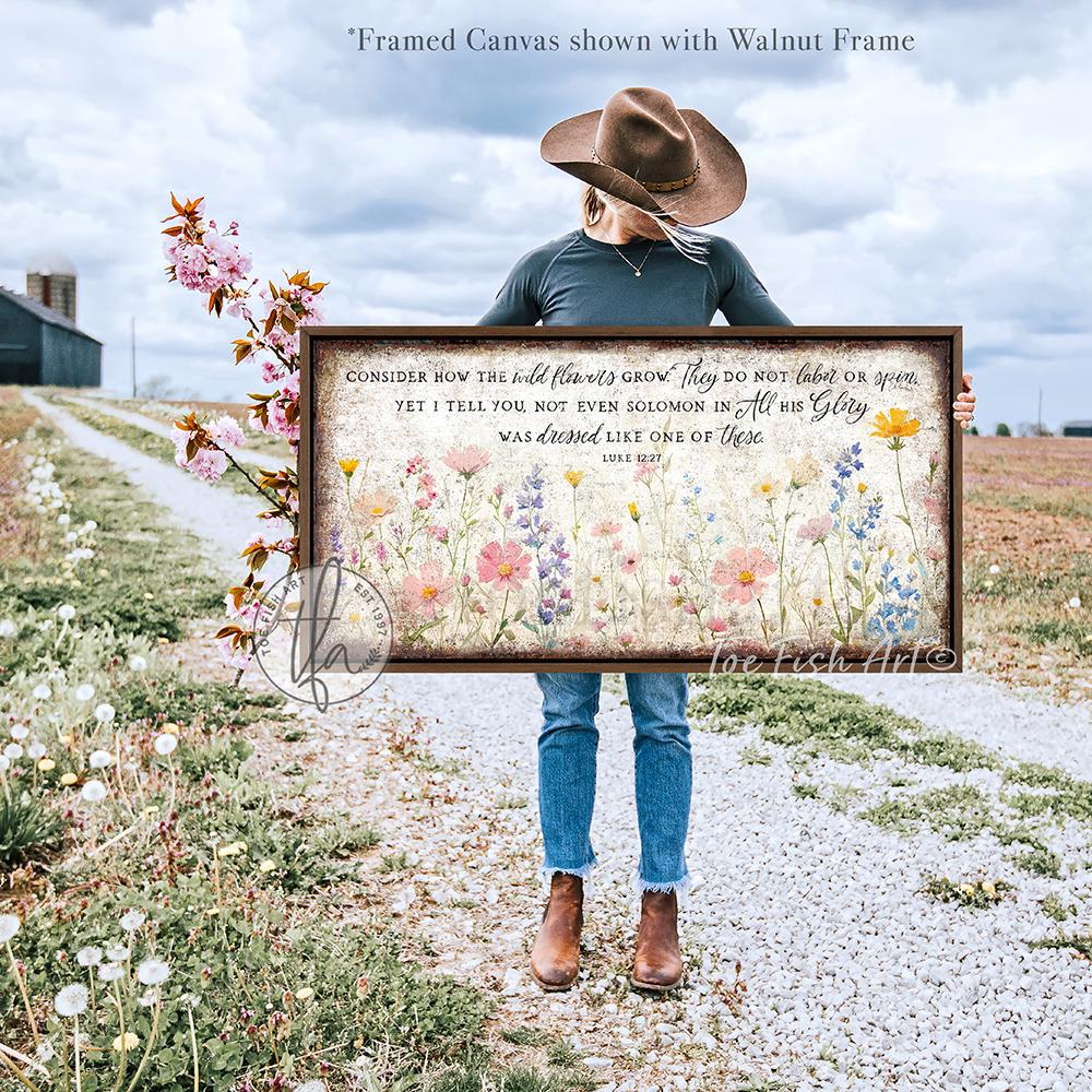 Vintage Spring Scripture Sign Consider The Wildflowers Modern Farmhouse Wall Decor Rustic Large Bible Verse Canvas or Outdoor Metal Print