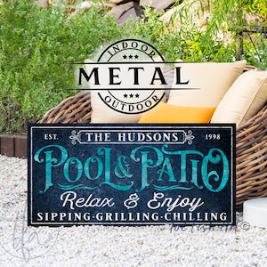 METAL SIGN Personalized Pool & Patio Sign Backyard Bar and Grill Pool Deck Custom Family Name Sign Modern Farmhouse Wall Art Rustic Print Vintage BLUE -Pic2