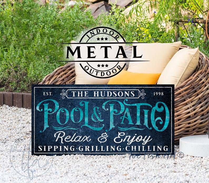 METAL SIGN Personalized Pool & Patio Sign Backyard Bar and Grill Pool Deck Custom Family Name Sign Modern Farmhouse Wall Art Rustic Print Vintage BLUE -Pic2