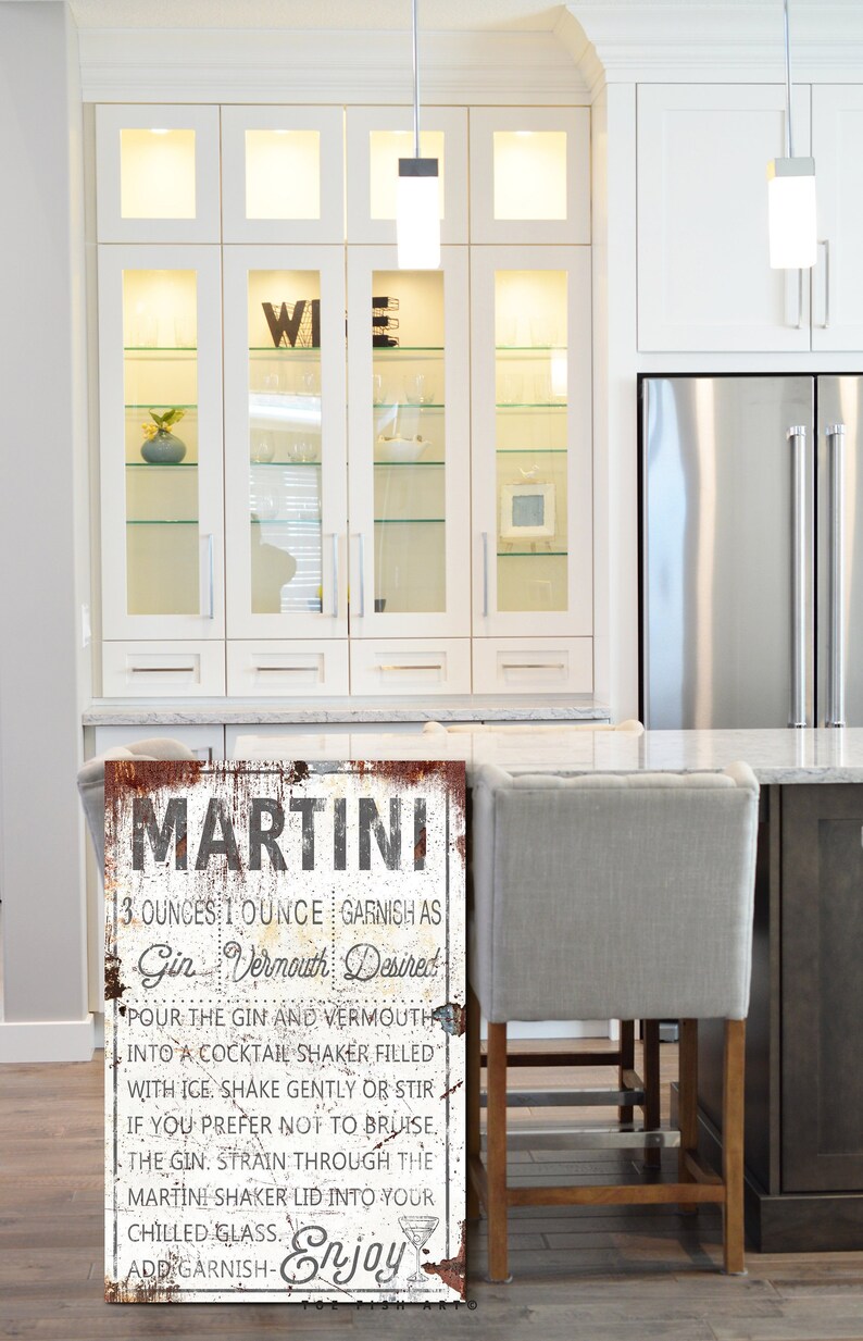 Farmhouse Kitchen Sign Martini Drink Recipe Wall Decor Fixer Upper Art Rustic Style Faux Metal Large
