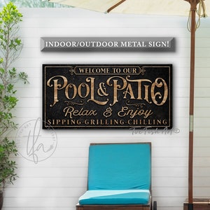 METAL SIGN Personalized Pool & Patio Sign Backyard Bar and Grill Pool Deck Custom Family Name Sign Modern Farmhouse Wall Art Rustic Print image 5