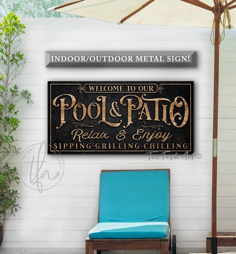 METAL SIGN Personalized Pool & Patio Sign Backyard Bar and Grill Pool Deck Custom Family Name Sign Modern Farmhouse Wall Art Rustic Print image 5