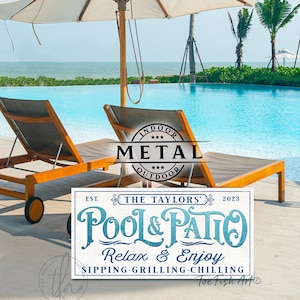 METAL SIGN Personalized Pool & Patio Sign Backyard Bar and Grill Pool Deck Custom Family Name Sign Modern Farmhouse Wall Art Rustic Print Vintage WHITE -Pic3