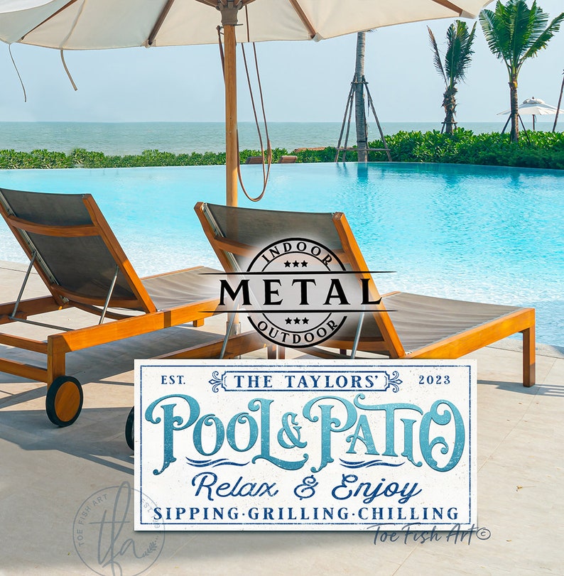 METAL SIGN Personalized Pool & Patio Sign Backyard Bar and Grill Pool Deck Custom Family Name Sign Modern Farmhouse Wall Art Rustic Print Vintage WHITE -Pic3
