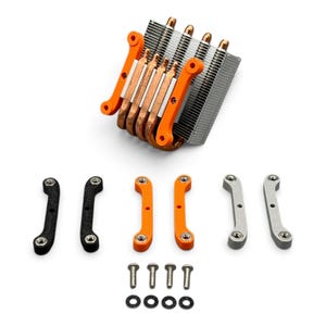 May include: A computer CPU cooler featuring a silver metal fin stack with copper heat pipes and orange mounting brackets. Included are three pairs of curved mounting bars in black, orange, and silver, plus four metal screws and four black washers.