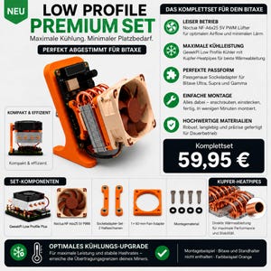 Op de afbeelding: Een low-profile koelset voor Bitaxe-miners met een oranje standaard, een Noctua NF-A6x25 5V PWM-ventilator en een GeeekPi-koeler met koperen heatpipes. Inclusief montagemateriaal, ventilatoradapter en beugels voor de montage.