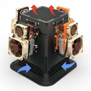 Puede incluir: Una caja de ordenador negra con múltiples ventiladores beige y marrones adjuntos. La caja tiene un patrón de panal en la parte superior e inferior, con componentes de color naranja y cobre visibles. Las flechas indican la dirección del flujo de aire.