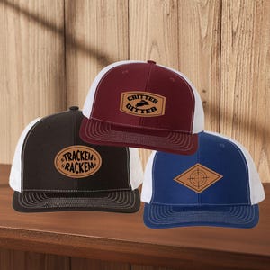 Personalized Vegan Leather Patch Trucker Hat, Engraved Hunter Cap