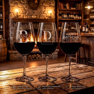 Customizable Initial Unique Wine Glass, Monogrammed Birthday Party Gift For Her, Matching Engraved Bridal Party Cups, Wedding Dinner Glasses
