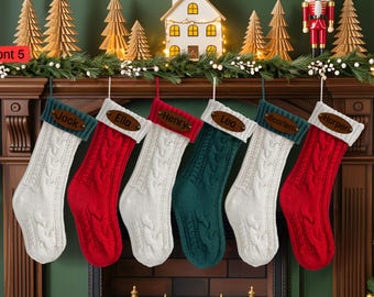 Gepersonaliseerde gegraveerde leren kerstsokken met naam, familiegroep vakantie kous decor cadeau-idee