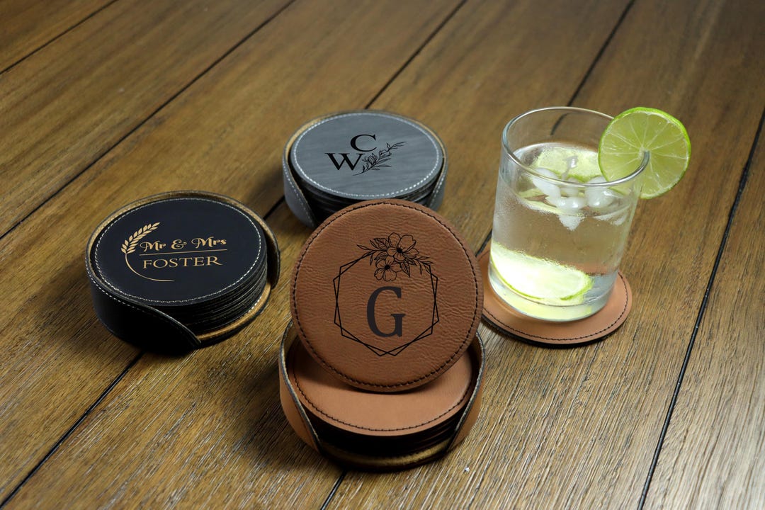 Personalized Engraved Round Coaster Set, Floral Monogrammed Coasters ...
