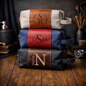 Personalized Initial Design Toiletry Bag For Men, Custom Engraved Leatherette Father's Day Gift, Monogrammed Groomsmen Dopp Kit
