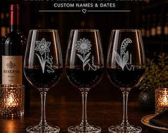 Personalized Engraved Floral Wine Glass, Custom Birth Flower Design Birthday Party Cup, Daughters 21st Birthday Gift, Etched Wine Glassware