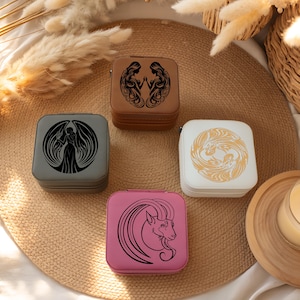 Personalized Zodiac Jewelry Box with Name, Custom Engraved Travel Organizer, Astrology Gift for Women, Bridesmaid or Birthday Gift Idea