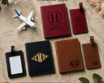 Custom Engraved Leatherette Passport Holder and Luggage Tag Set