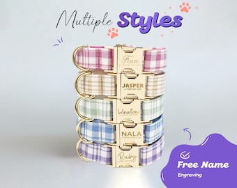 May include: A stack of personalized dog collars in various plaid patterns: pink, tan, green, blue, and purple. Each collar features a gold-colored buckle with a name and phone number. The text "Multiple Styles" and "Free Name Engraving" are also visible.