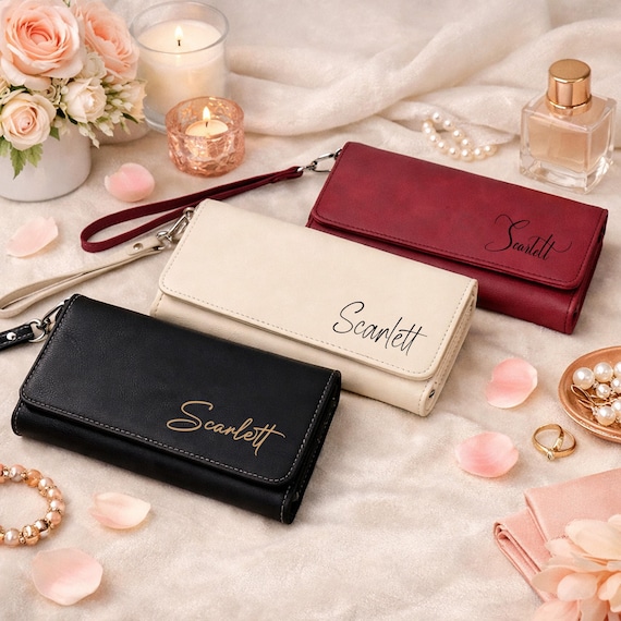 Custom Name Engraved Leatherette Women Wallet, Personalized Aesthetic Gift For Her, Elegant Vegan Leather Clutch Purse, Bridesmaid Gift Idea