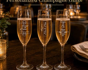 Personalized Engraved Champagne Glass, Toasting Glasses For Bride And Groom, Customizable Anniversary Gift, Elegant Wedding Favor