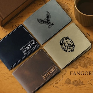 Custom Leather Men Wallet with ID, Engraved Vegan Leather Wallet, Gift for Husband, Groomsmen Gift, Gift for Fiance, Anniversary Gift