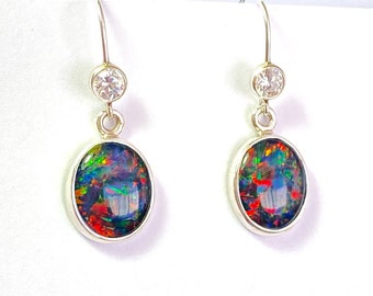 Australian Opal Triplet and Zircon Sterling Silver Earrings - Handmade in France - KLJ018