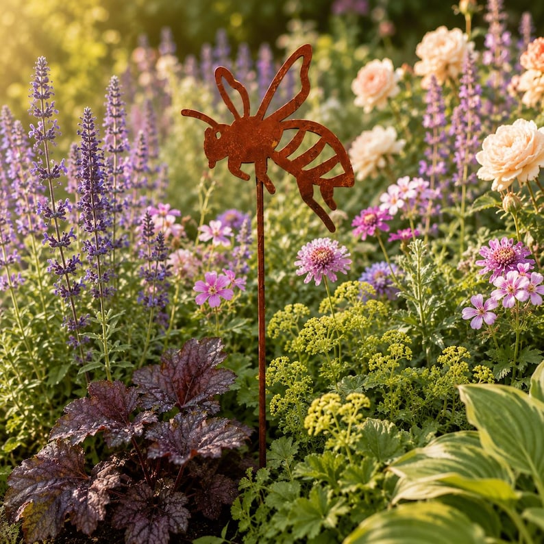 May include: A rust-colored metal garden stake shaped like a flying bee, featuring a cutout silhouette design with defined wings, a segmented body, and antennae, mounted on a thin, straight metal rod for placement in soil.