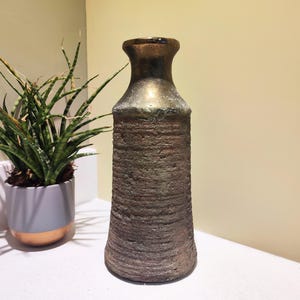 May include: A textured vase with a bronze top and a rough, earthy exterior. The vase is cylindrical and stands on a white surface. A potted plant with green and yellow striped leaves is to the left. The vase is approximately 30 cm tall.
