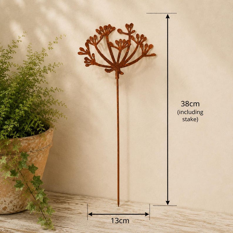 May include: A rust-colored metal garden stake featuring a stylized floral or seed head design with multiple branching stems. The total height of the stake is 38 cm, and the width of the decorative top section is 13 cm, as indicated by labels.