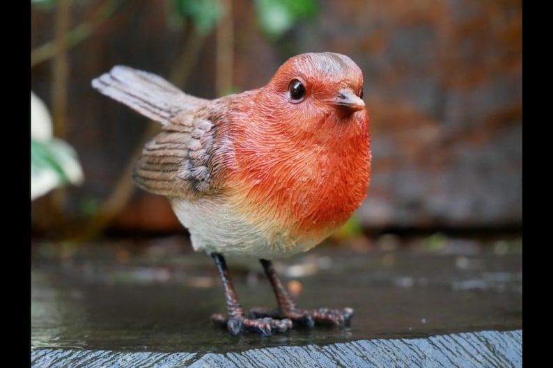 May include: A detailed resin figurine of a European robin. The bird has a bright orange breast, a grey-brown back, and a small, dark beak. Its wings are slightly spread, and it stands on two tiny legs. The figurine is likely made of resin or a similar material.