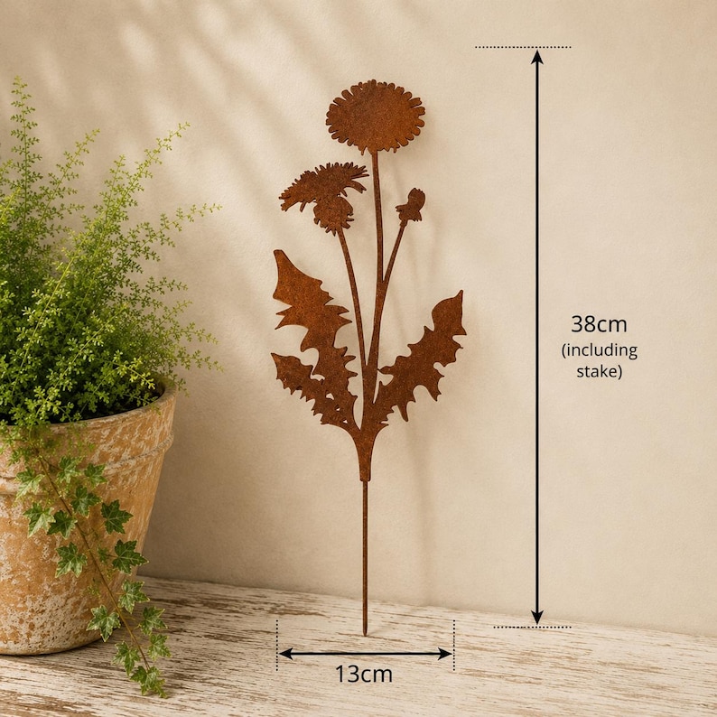 May include: A rust-colored metal garden stake shaped like a dandelion plant with two flower heads and jagged leaves. The item features a total height of 38 cm including the stake and a width of 13 cm, as indicated by the printed text and arrows.