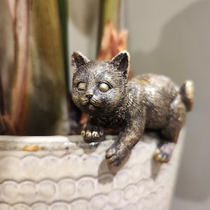 May include: A bronze cat ornament, positioned on the rim of a decorative pot. The cat has large eyes and a textured coat. The figurine is detailed and appears to be made of metal, adding a touch of charm to home decor. The pot is white.