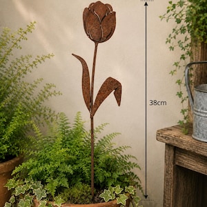 May include: A rust-colored metal tulip garden stake featuring a flower head and two leaves on a thin stem. The flower head measures 10 cm in width, and the total height of the garden stake is 38 cm. The metal surface has a textured, weathered finish.