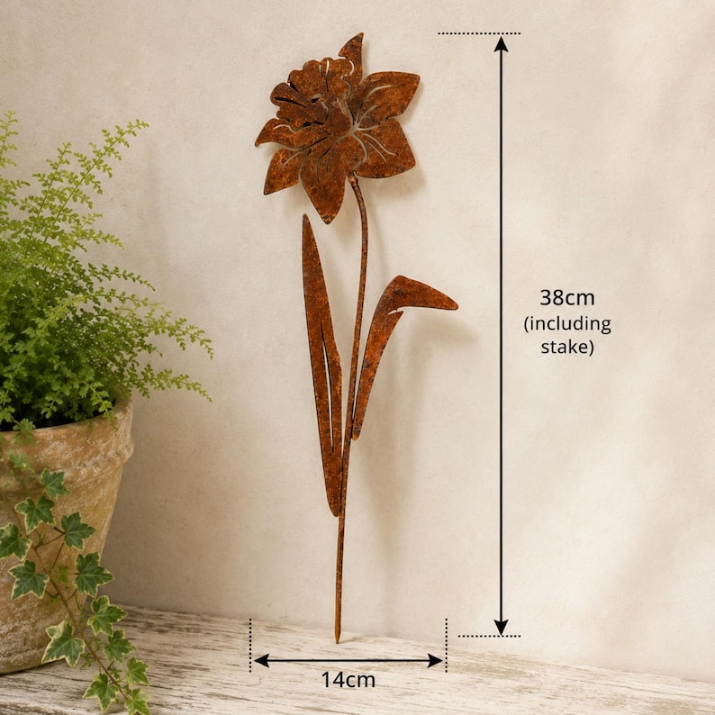 May include: A rust-colored metal daffodil garden stake featuring a flower head, a thin stem, and two pointed leaves. The total height of the item is 38 cm including the stake, and the width of the flower head is 14 cm as indicated by labels.