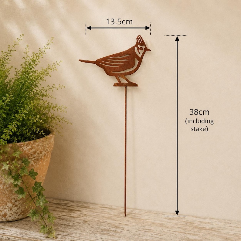 May include: A rust-colored metal bird garden stake featuring a cutout silhouette of a cardinal with a crest. The bird figure measures 13.5 cm in width, and the total height of the garden stake, including the metal rod, is 38 cm.