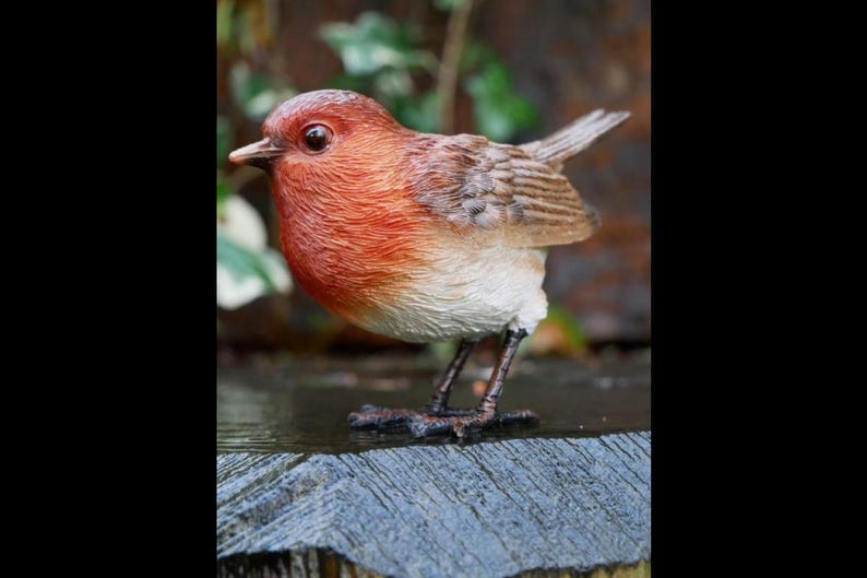 May include: A detailed figurine of a robin bird, with a red breast, brown wings, and a white belly. The bird is standing on a weathered wooden surface. The background is blurred green.