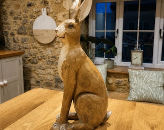 Large Country Rustic Wood Effect Hare Sculpture