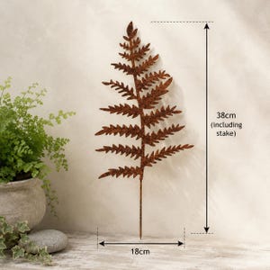 May include: A rust-colored metal fern leaf garden stake with a textured finish. The decorative plant silhouette features a pointed tip and a thin stem base. The total height including the stake is 38cm, and the width of the fern leaf is 18cm.