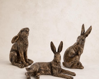 Bronze Hare Ornaments, Resin Hare Figurines, Set of 3 Woodland Decor
