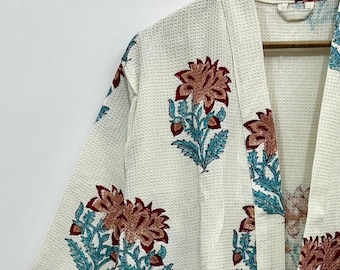 Unique Waffle Cotton Robe | Handmade Floral Printed Robe | Cotton Kimono Style Bathrobe | Wedding Gift for Her |Soft & Luxury Nightwear Robe