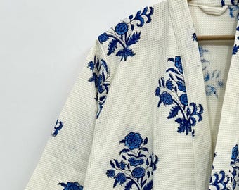 Organic Cotton Unisex Waffle Robe with Blue Floral | Pure Cotton Bathrobe | White Waffle Robe | Lightweight Loungewear | Gift For Her
